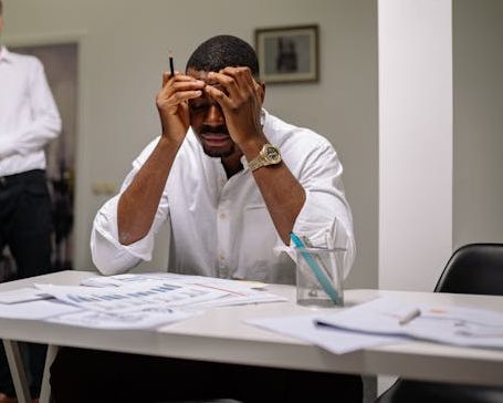 Photograph by Yan Krukau of a Black man sitting at a desk with a pencil in his hand and his hands on his head. He wears business casual attire, sits in an office setting, and appears to be very stressed.